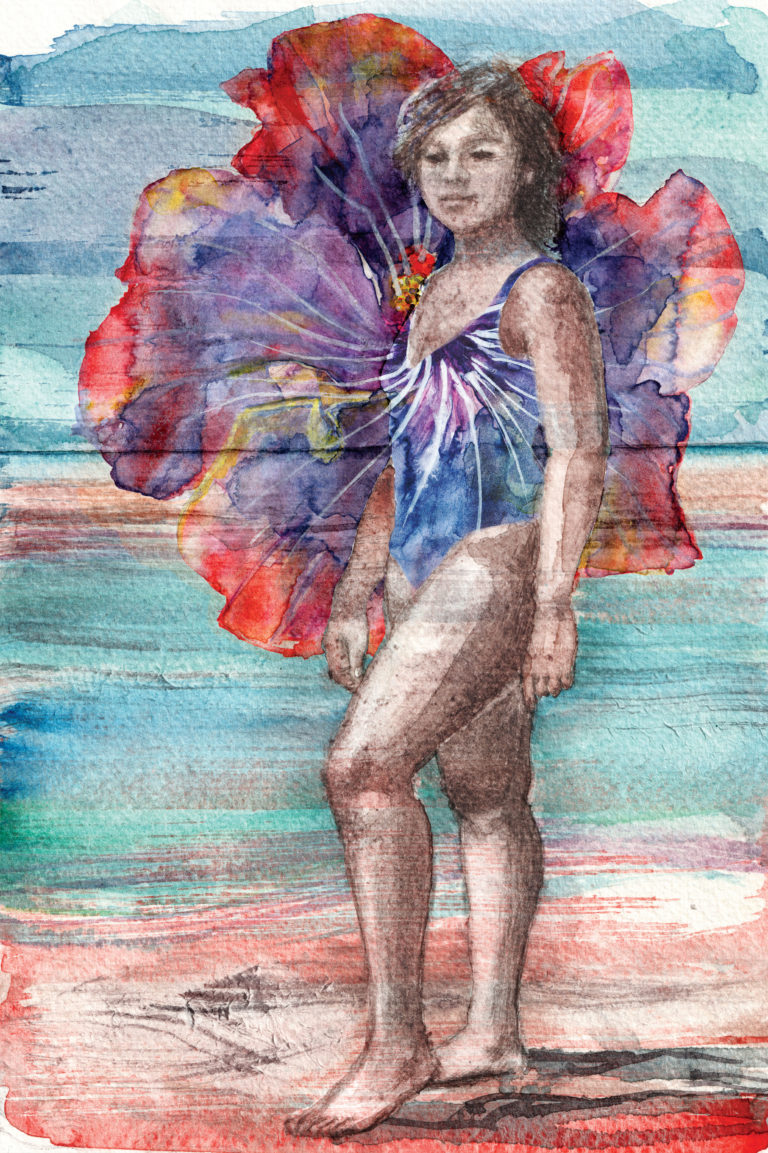 illustration d'une baigneuse sur une plage de Polynésie