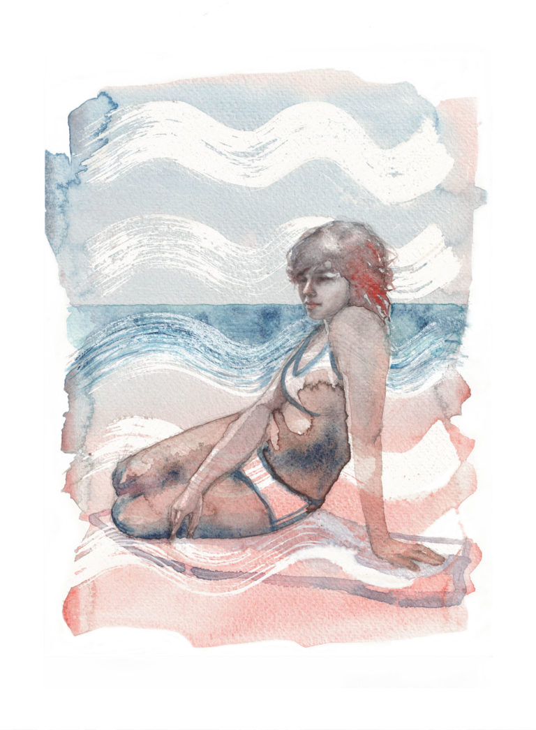 Illustration lifestyle et tourisme à l'aquarelle d'une baigneuse sur une plage normande