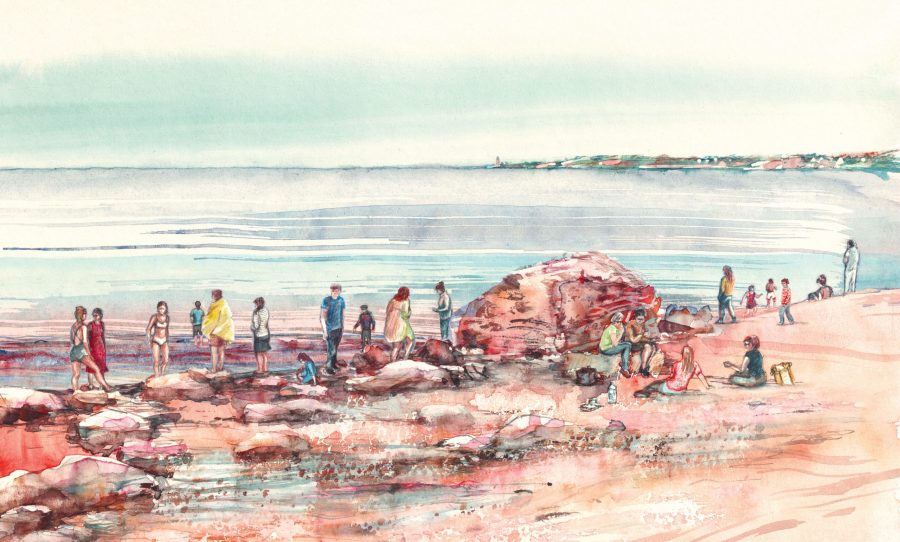 Illustration lifestyle et tourisme à l'aquarelle de baigneurs et flâneurs sur une plage normande