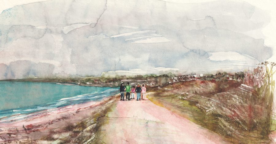 Illustration lifestyle et tourisme à l'aquarelle de promeneurs en bord de mer