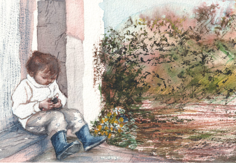 Illustration lifestyle et nature représentant une fille jouant devant une maison