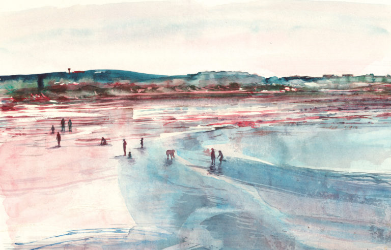 Illustration lifestyle et tourisme à l'aquarelle de vacanciers se promenant en bord de mer sur la plage de Collignon à Cherbourg bord de plage