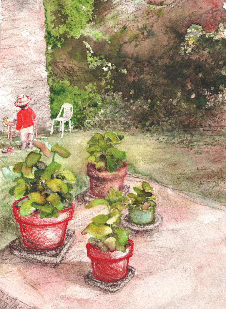 Illustration lifestyle et nature d'un enfant jouant dans un jardin