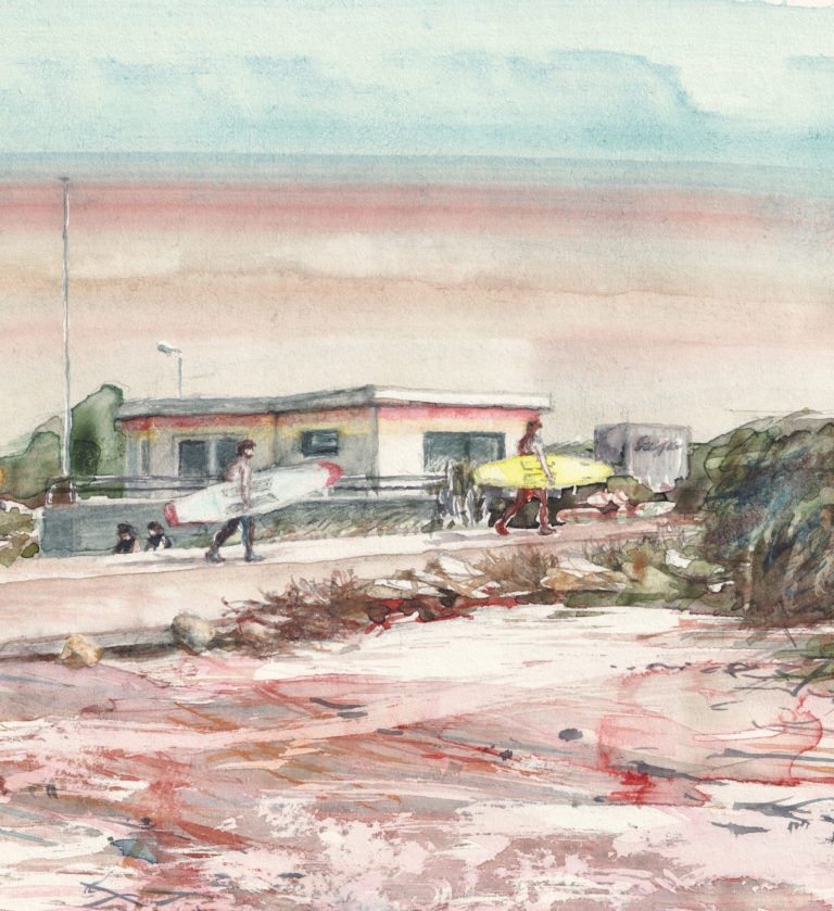 Illustration à l' aquarelle représentant des surfeurs à la plage de Collignon en Normandie